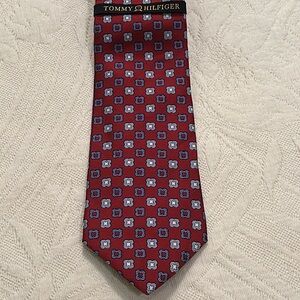 NWT 100% silk deep red Tommy Hilfiger tie. Red with blue and light blue